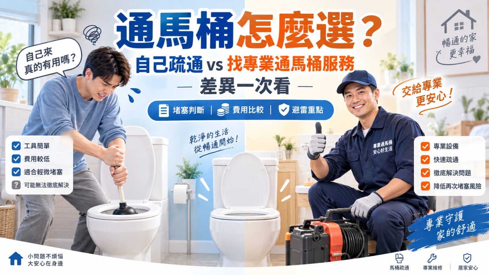 通馬桶怎麼選？自己疏通 vs 找專業通馬桶服務差異一次看
